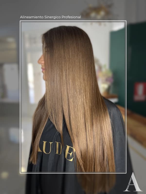 Client in profile with long, straight brown hair and a black Aude cape, after Professional Synergistic Alignment